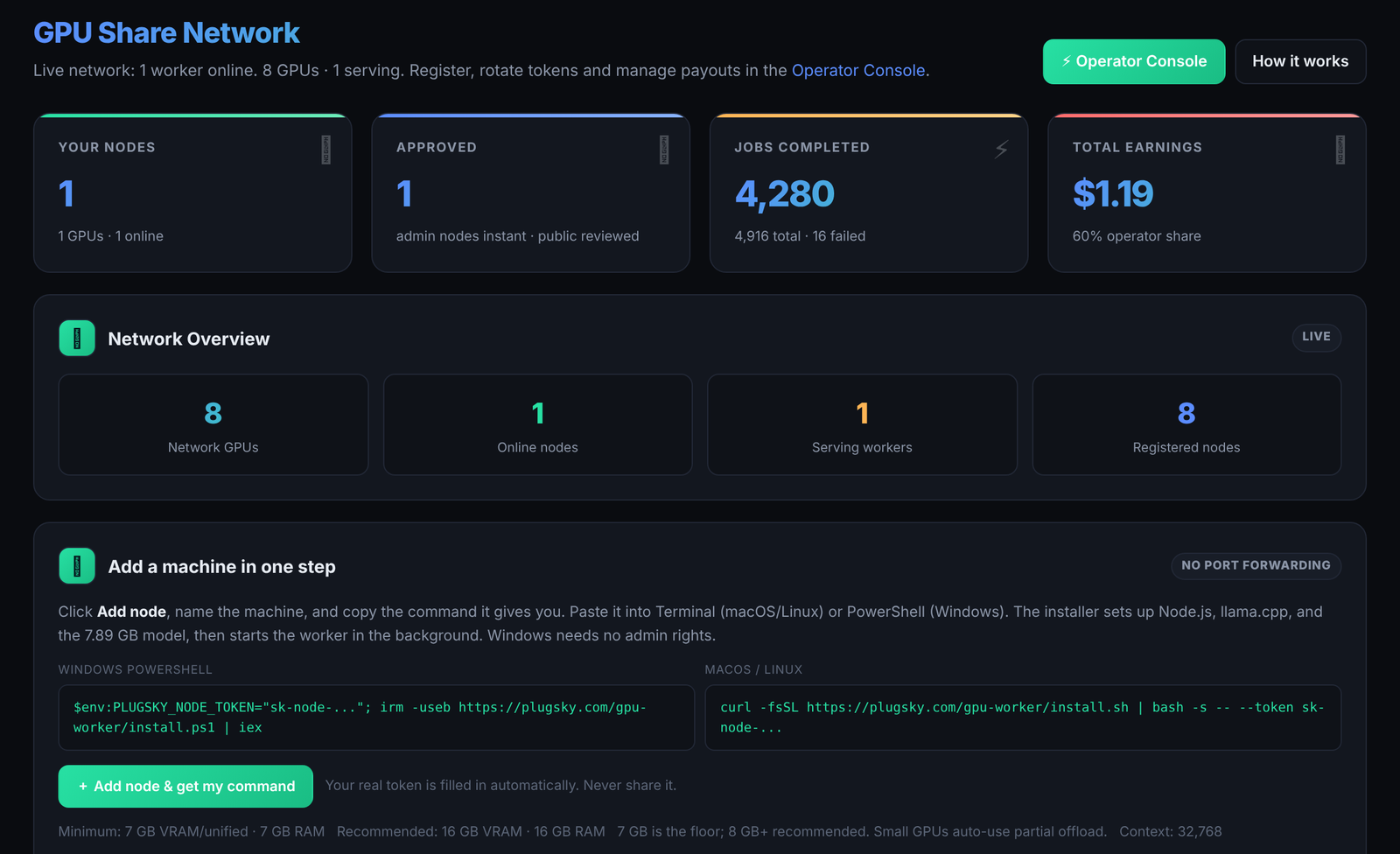 Plugsky GPU Share dashboard showing network overview, add a machine installer, and node earnings