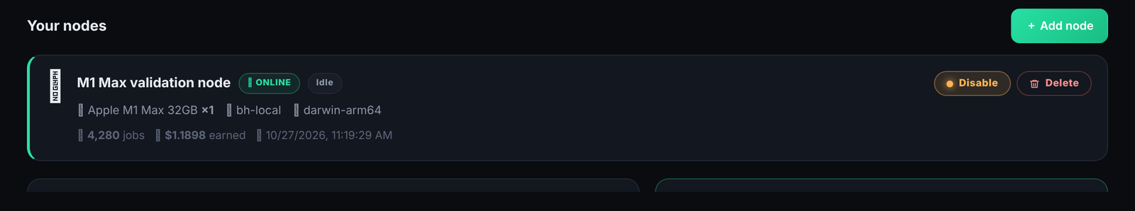 GPU node card showing online status, jobs completed, and operator earnings