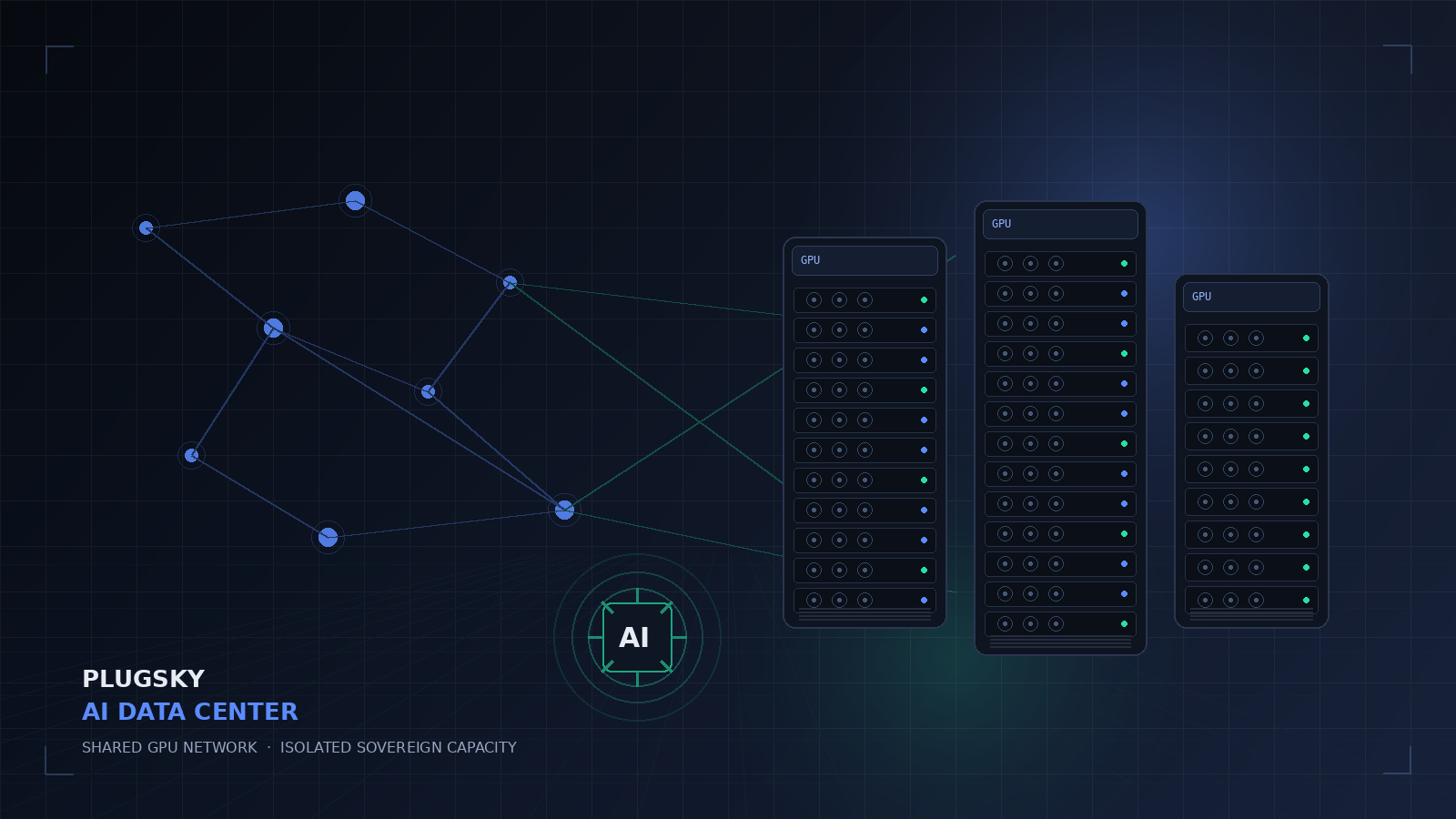 Plugsky AI data center illustration with GPU racks and a global inference network