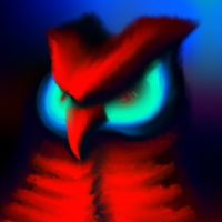 An illustration of a red owl with bright blue eyes in the style of abstract expressionism with volumetric lighting.