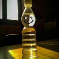a bottle sitting near glasss with simle on the face