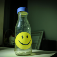 a bottle sitting near glasss with simle on the face